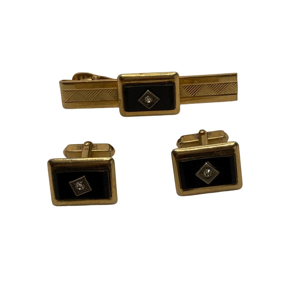 Vintage 1950s Anson Signed Art Deco Cuff Link & Tie Clip